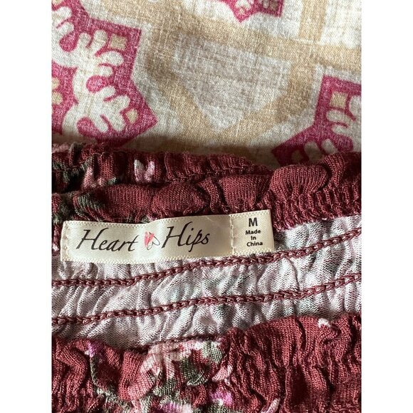 Vintage casual shirred short sleeves floral‎ burgundy romper women size M/L - Picture 7 of 9